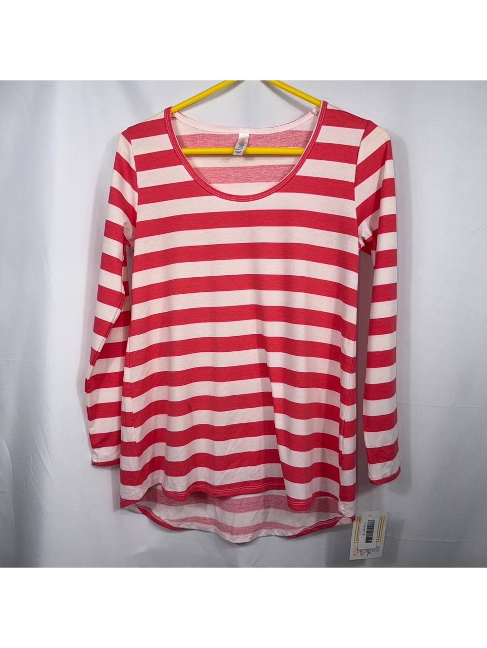 LuLaRoe Lynnae S Pink Red Striped Hi-Low Top NWT